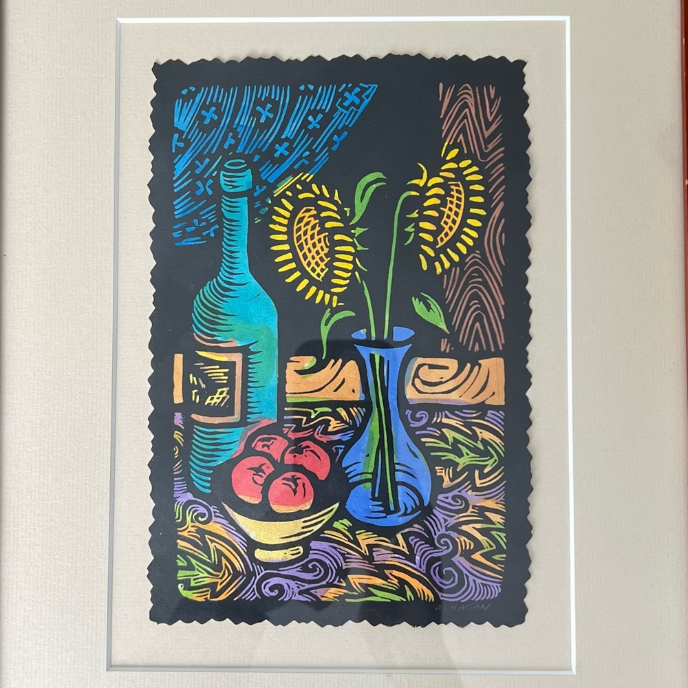 Sunflowers Linoleum Block Print Acrylic Painting, Signed Maryland Artist, Framed